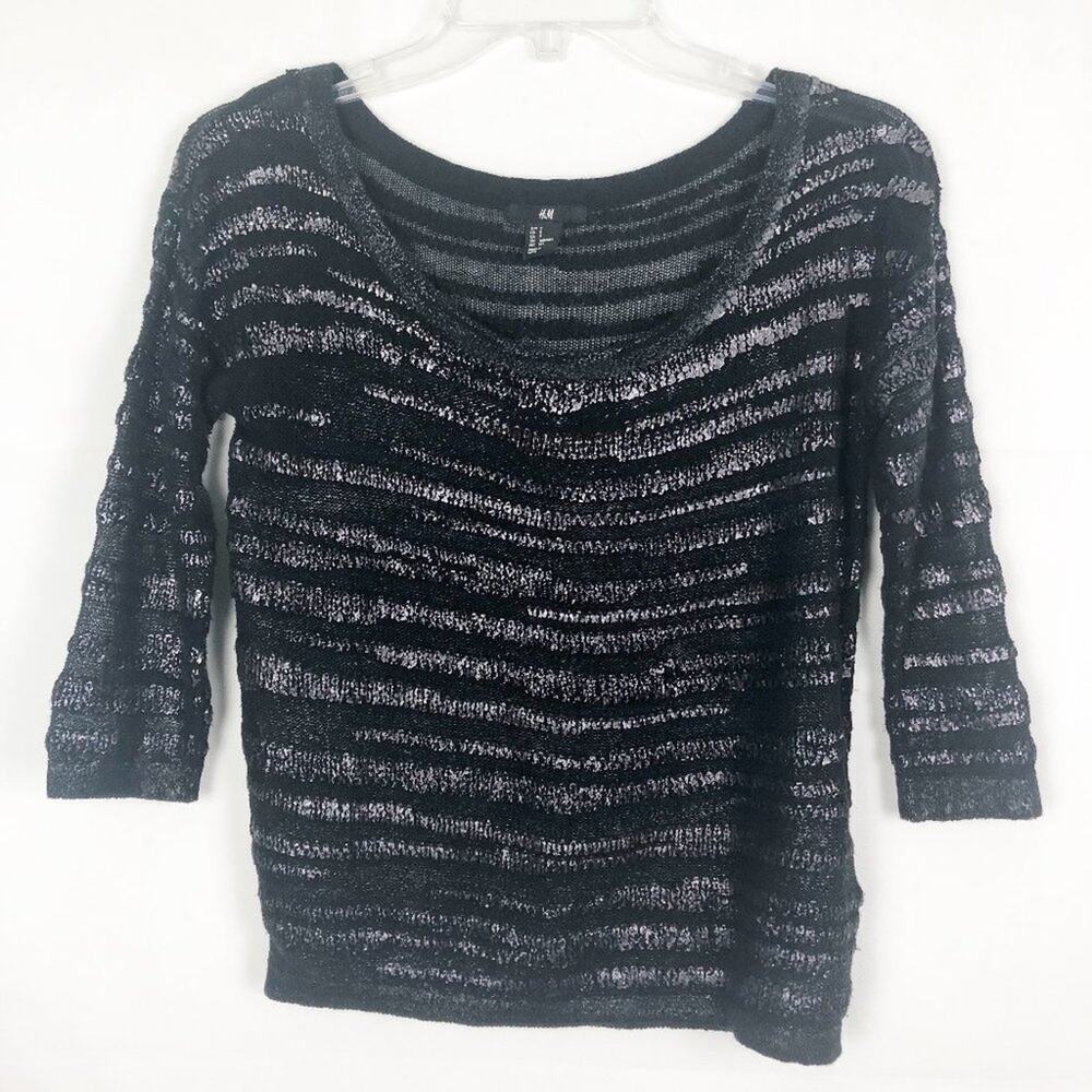 H&M 3/4 Sleeve Womens Metallic Black Sweater Size Small